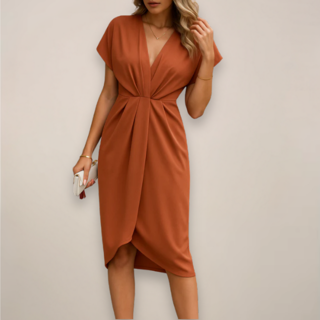 Nadira | Women's V-Neck Twist Front Short Sleeve Midi Dress - Black - Image 3