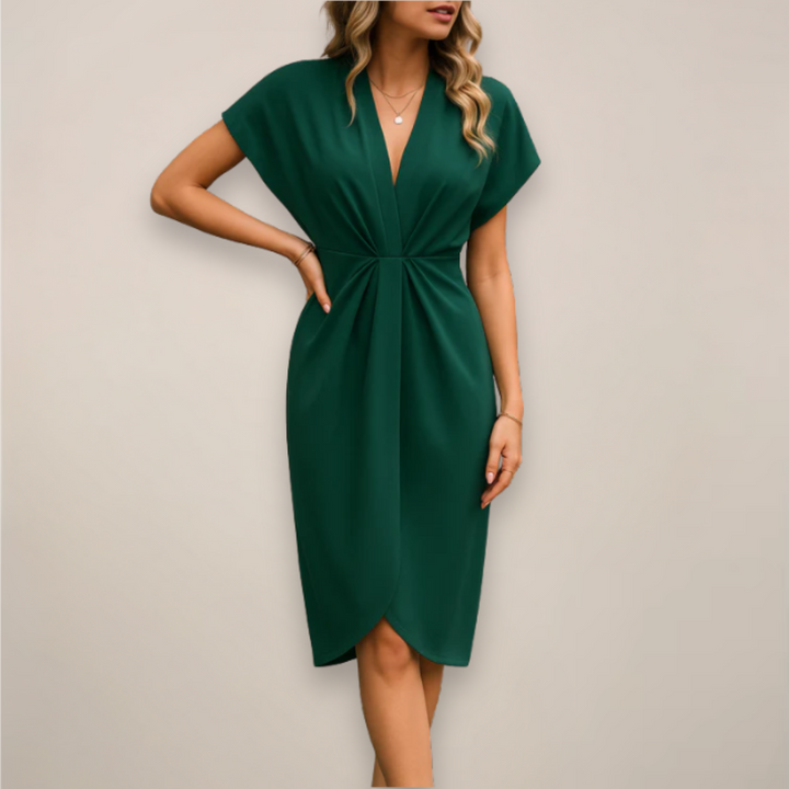 Nadira | Women's V-Neck Twist Front Short Sleeve Midi Dress - Black - Image 4