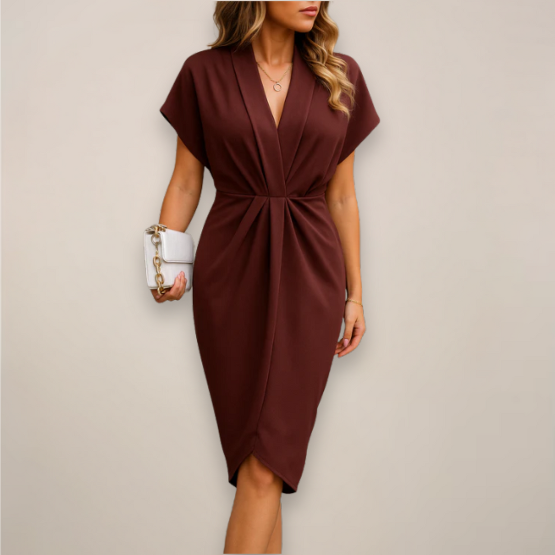 Nadira | Women's V-Neck Twist Front Short Sleeve Midi Dress - Black - Image 5