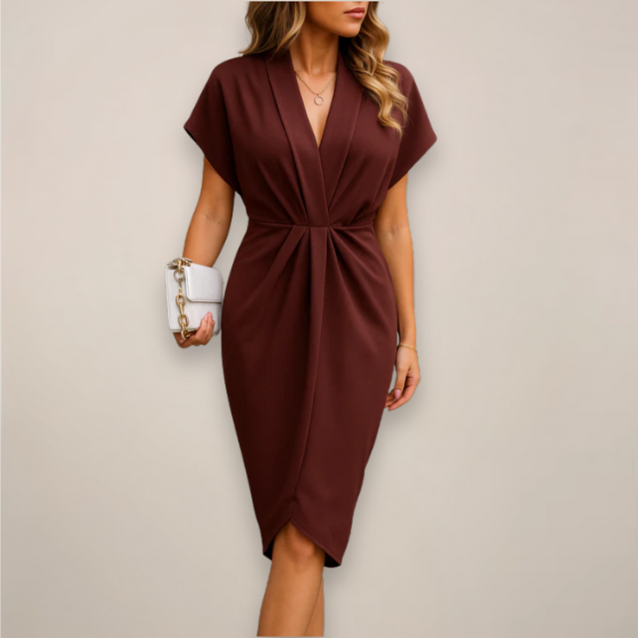Nadira | Women's V-Neck Twist Front Short Sleeve Midi Dress - Black - Image 5