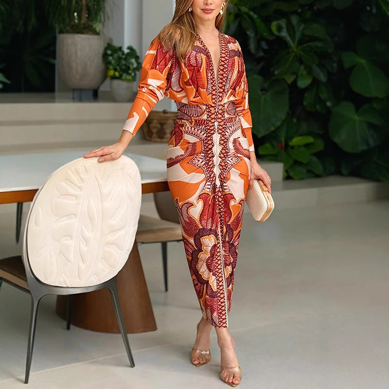 Narcissa | Women's Printed V-Neck Bodycon Midi Dress - Orange - Image 1