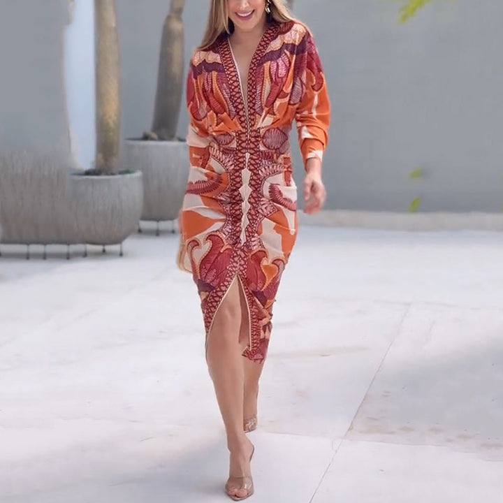 Narcissa | Women's Printed V-Neck Bodycon Midi Dress - Orange - Image 3