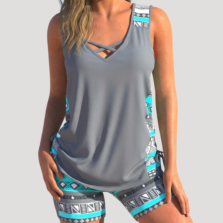 Nerida | Women's Crisscross V-Neck Tankini with Shorts - Grey - Image 1
