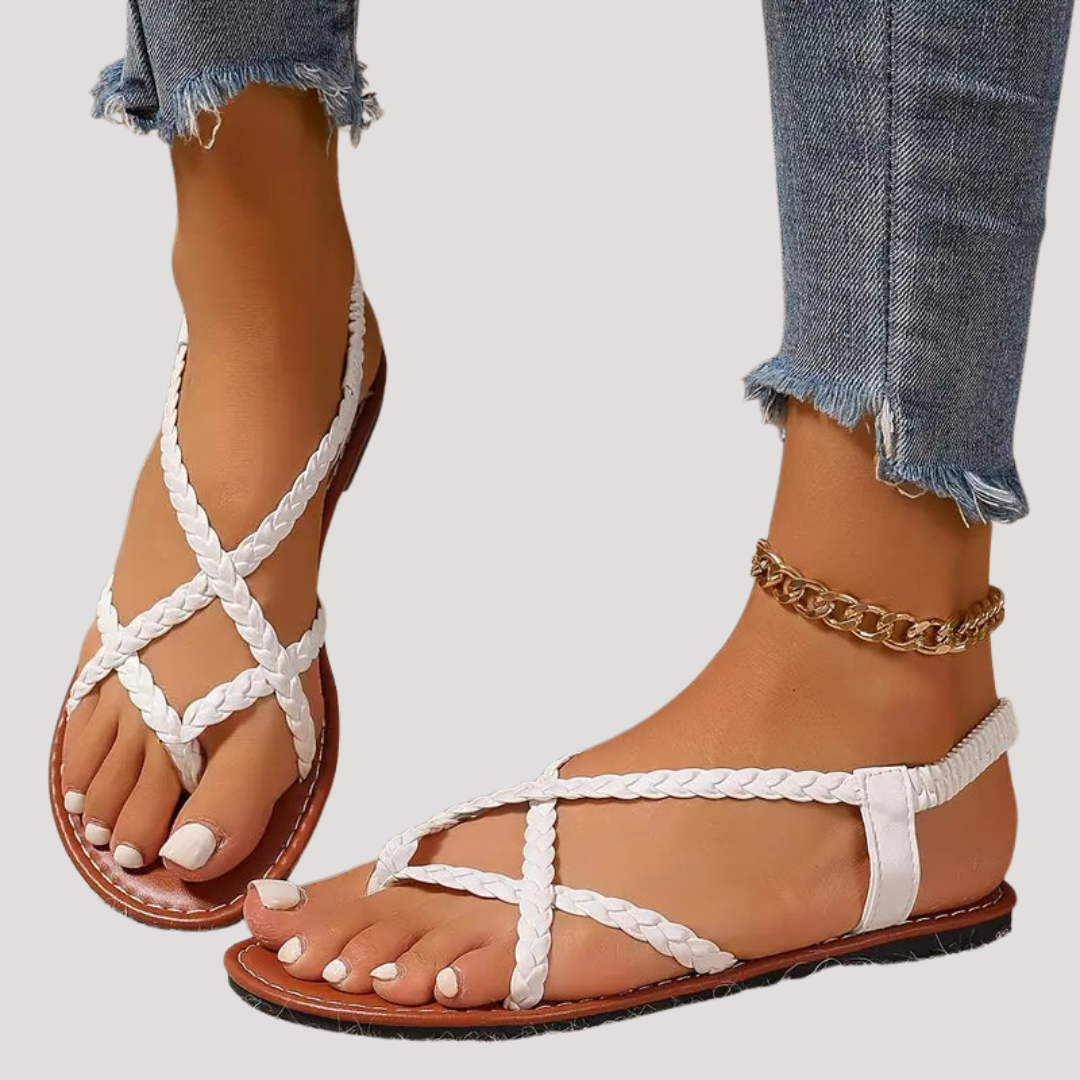 Niamh | Women's Braided Strappy Flat Sandals - White - Image 1