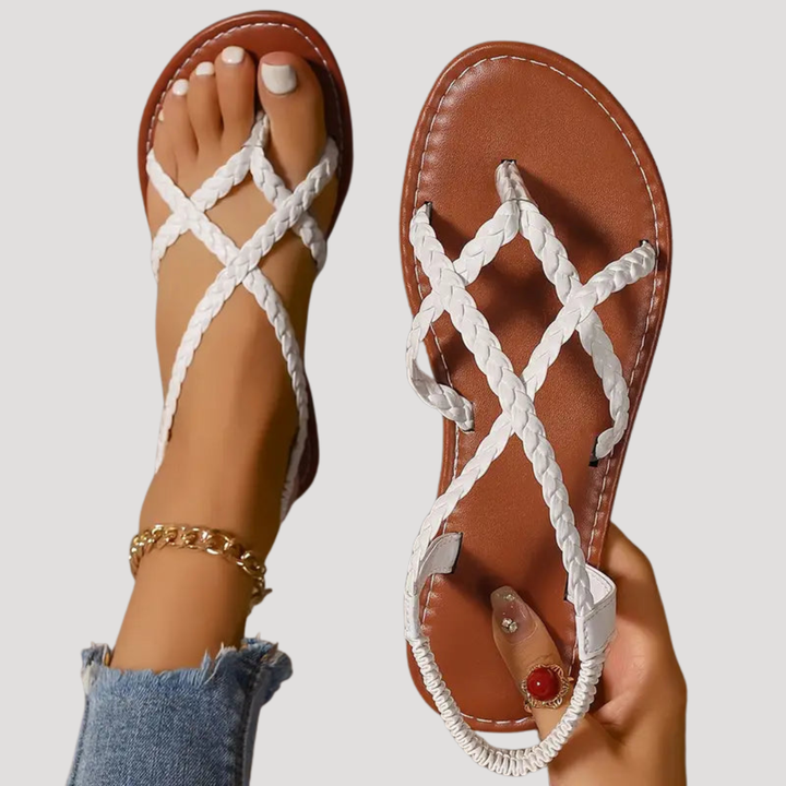 Niamh | Women's Braided Strappy Flat Sandals - White - Image 2