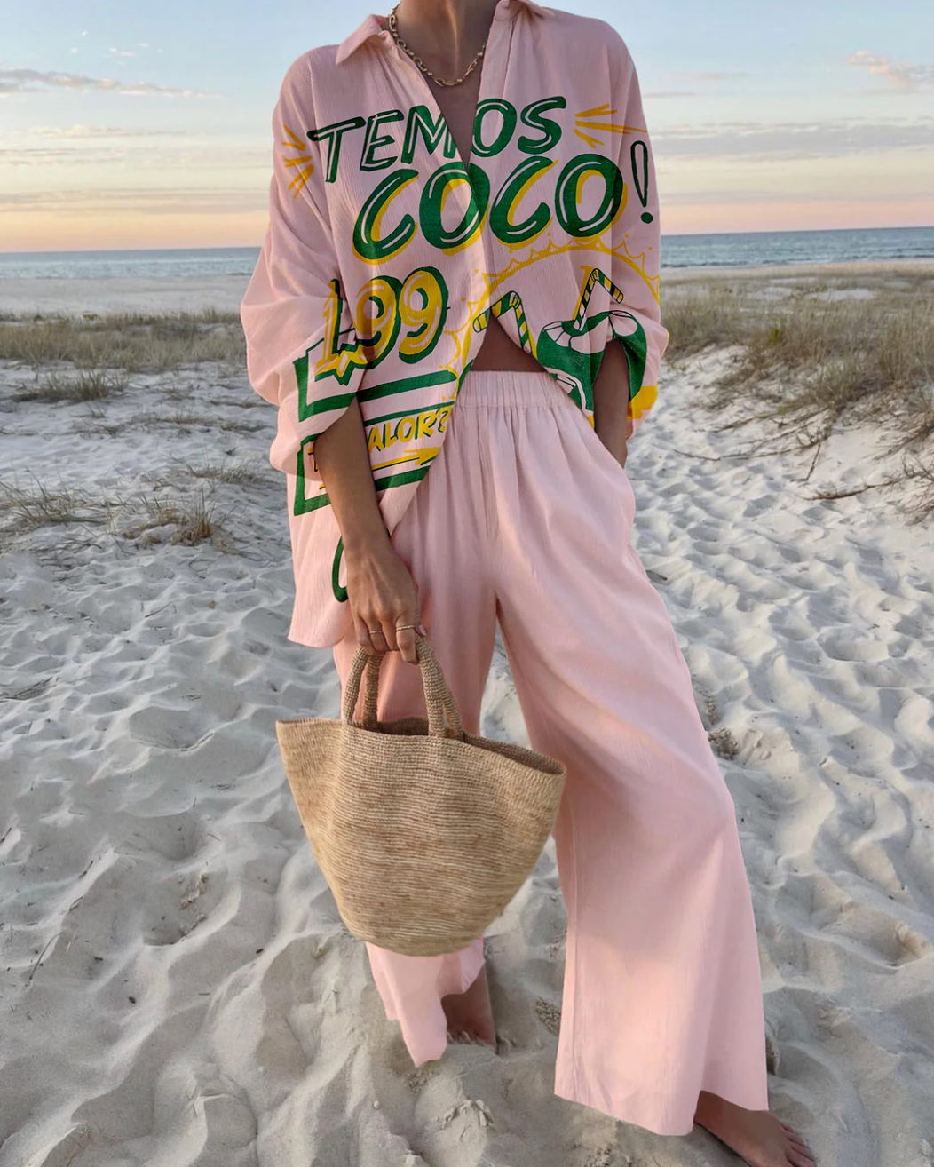 Noelle | Women's Printed Long Sleeve Two Piece Set - Pink - Image 1