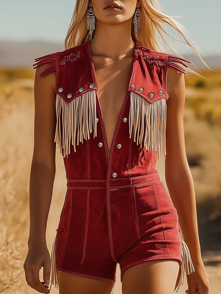 Oakley | Women's Western Fringe V-Neck Jumpsuit - Red - Image 1