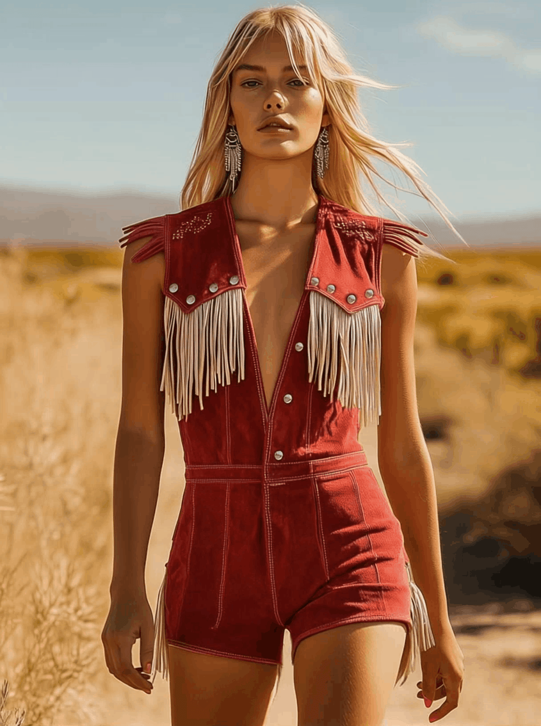 Oakley | Women's Western Fringe V-Neck Jumpsuit - Red - Image 2