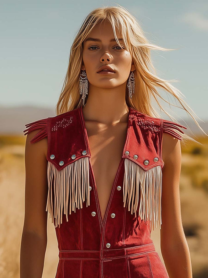 Oakley | Women's Western Fringe V-Neck Jumpsuit - Red - Image 5