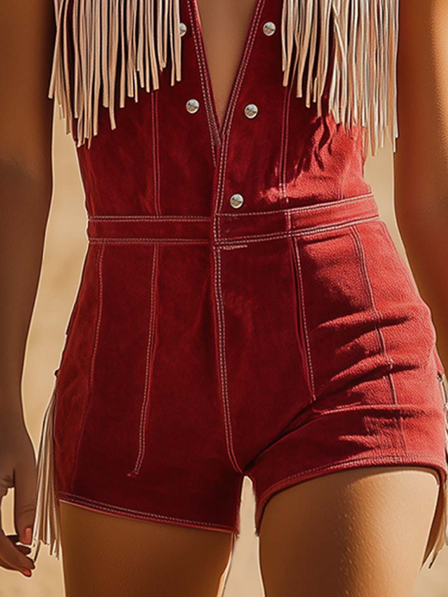 Oakley | Women's Western Fringe V-Neck Jumpsuit - Red - Image 6