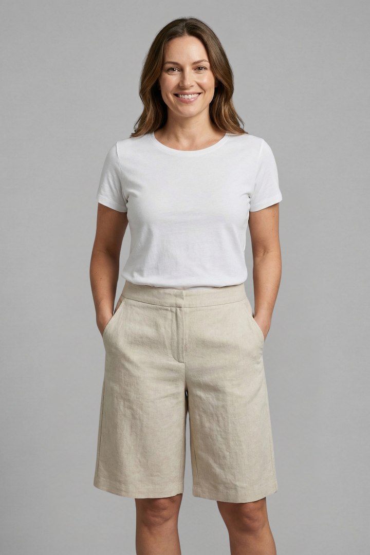 Octavia | Women's High Waisted Knee Length Shorts - Beige - Image 2