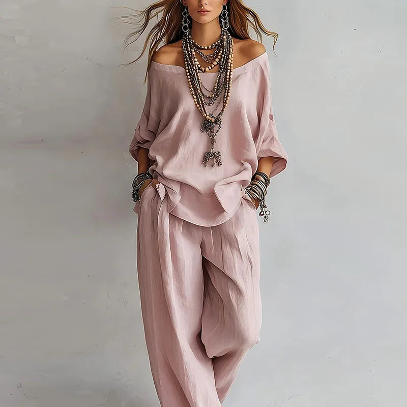 Octavia | Women's Off Shoulder Wide Leg Co-ord Set - Pink - Image 1