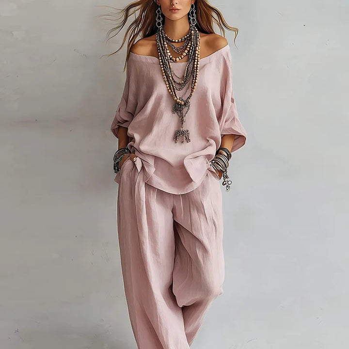 Octavia | Women's Off Shoulder Wide Leg Co-ord Set - Pink - Image 1