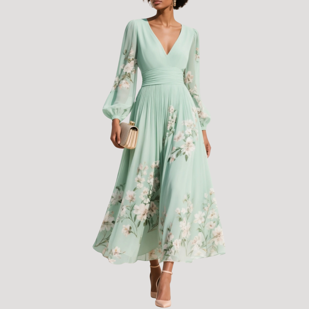 Octavia | Women's V-Neck Floral Long Sleeve Midi Dress - Floral - Image 1