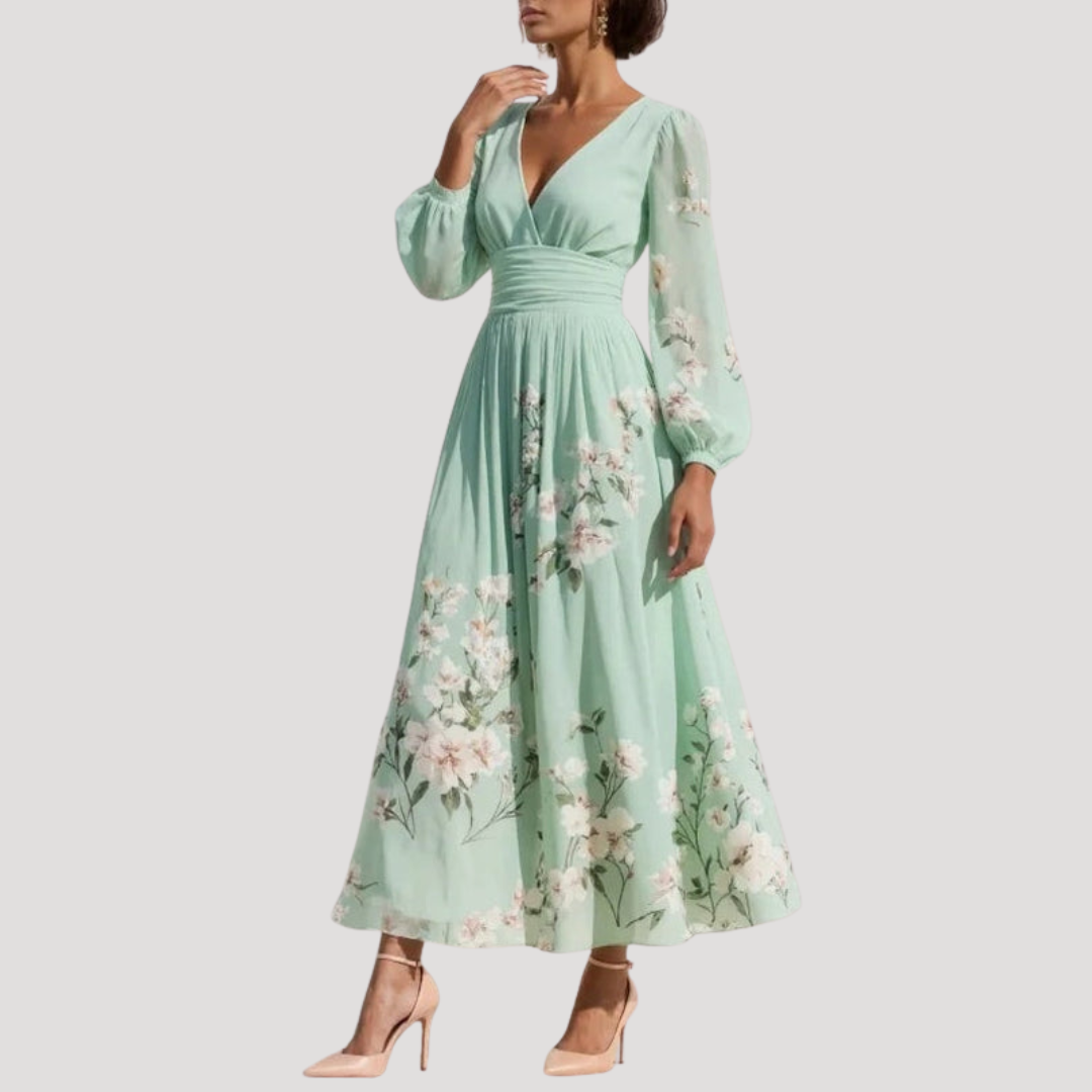 Octavia | Women's V-Neck Floral Long Sleeve Midi Dress - Floral - Image 2