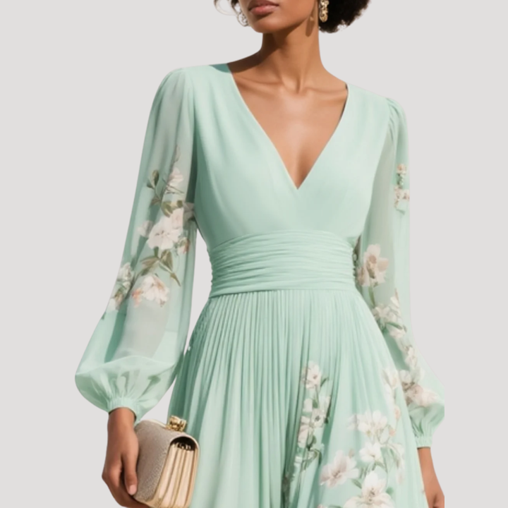 Octavia | Women's V-Neck Floral Long Sleeve Midi Dress - Floral - Image 4