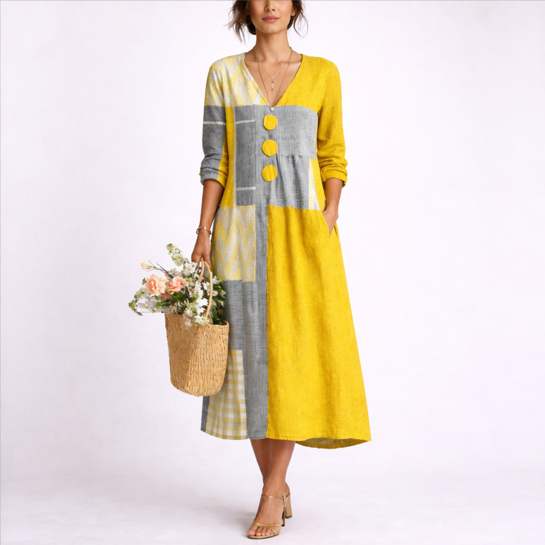 Octaviana | Women's V-Neck Patchwork Midi Dress - Image 1