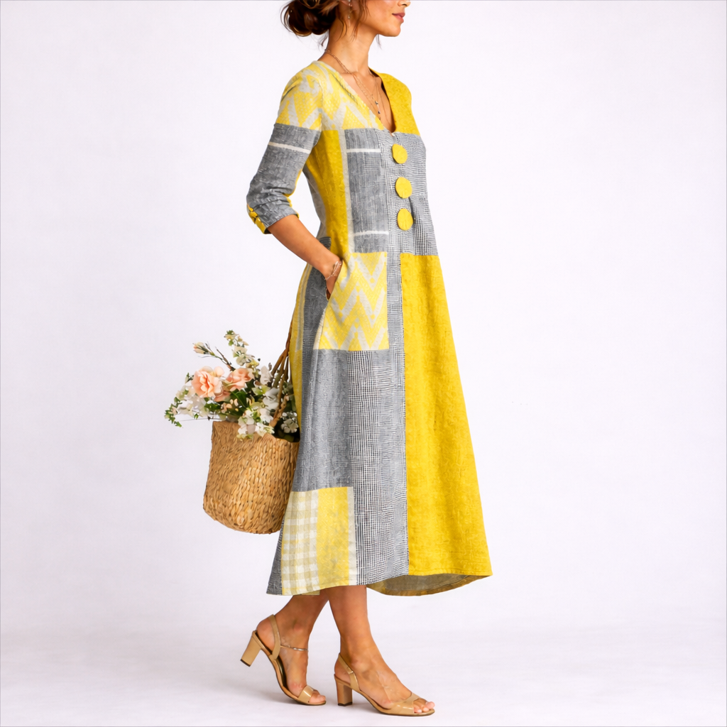 Octaviana | Women's V-Neck Patchwork Midi Dress - Image 2