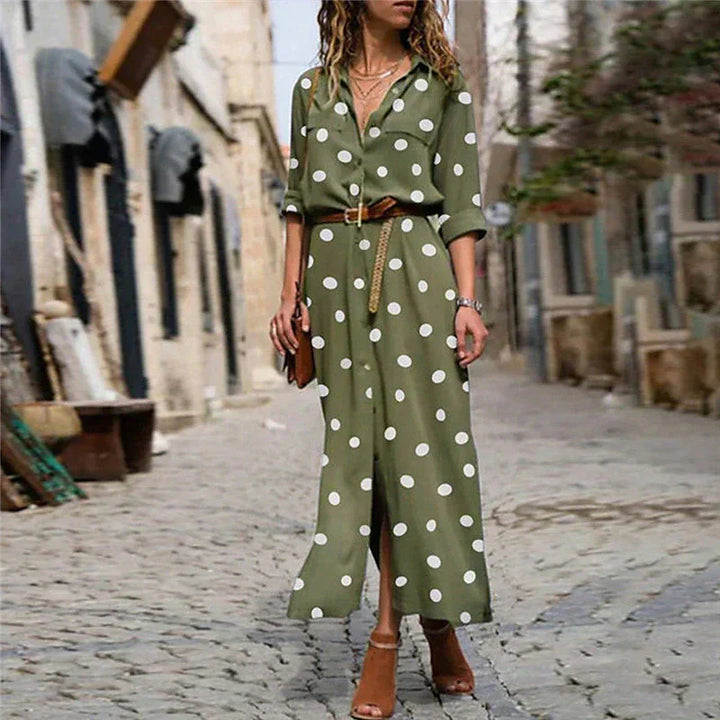 Stella | Women's Polka Dot Maxi Dress Long Sleeve Button-Down Shirt Dress