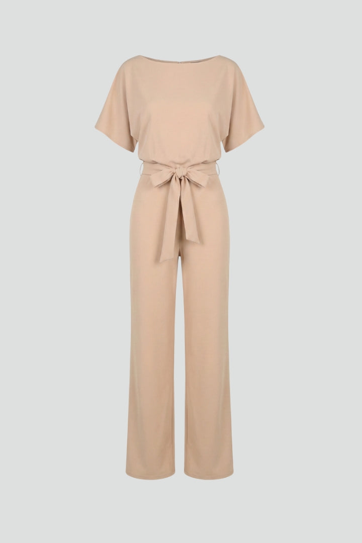 Oona | Women's Wide Leg Short Sleeve Jumpsuit with Belt - Beige - Image 1