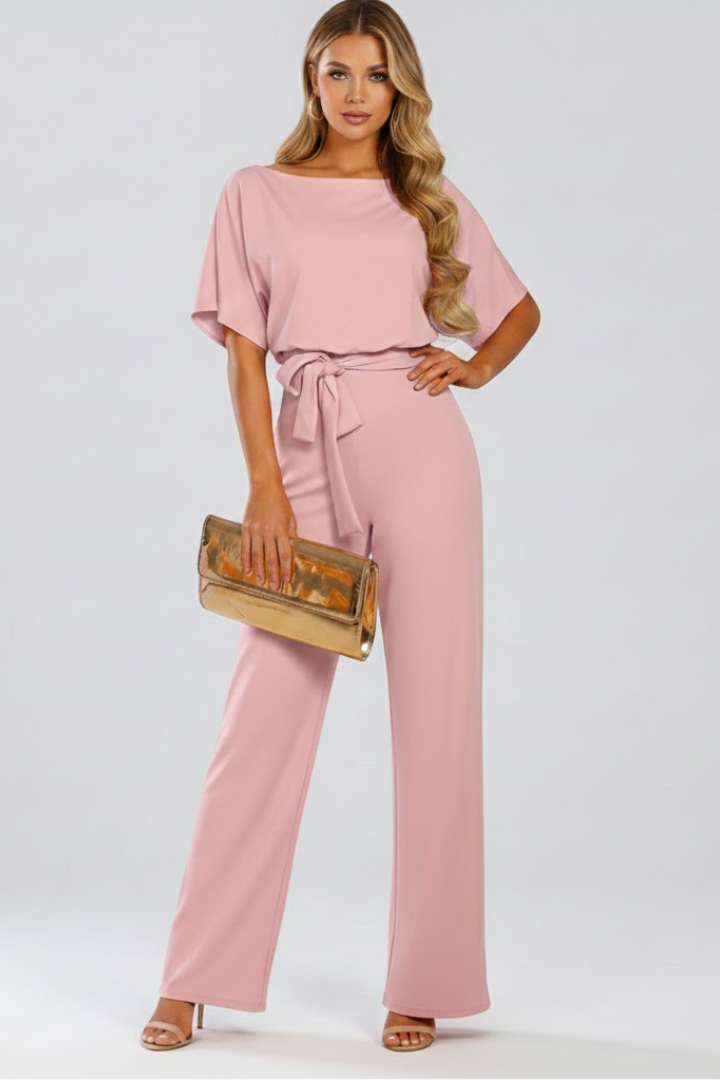 Oona | Women's Wide Leg Short Sleeve Jumpsuit with Belt - Beige - Image 11