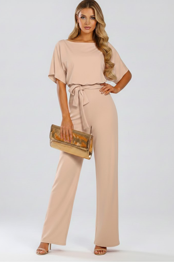 Oona | Women's Wide Leg Short Sleeve Jumpsuit with Belt - Beige - Image 2