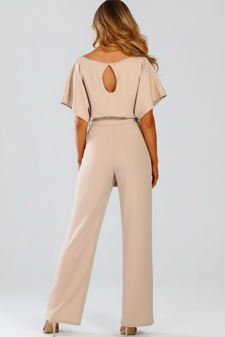 Oona | Women's Wide Leg Short Sleeve Jumpsuit with Belt - Beige - Image 3
