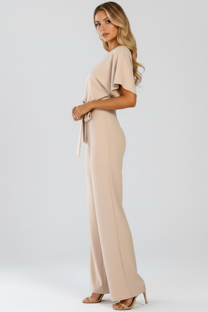 Oona | Women's Wide Leg Short Sleeve Jumpsuit with Belt - Beige - Image 4