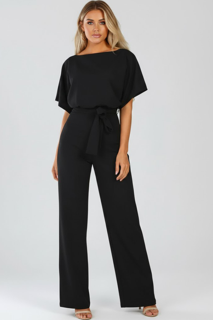 Oona | Women's Wide Leg Short Sleeve Jumpsuit with Belt - Beige - Image 6