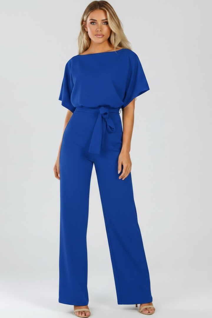 Oona | Women's Wide Leg Short Sleeve Jumpsuit with Belt - Beige - Image 7