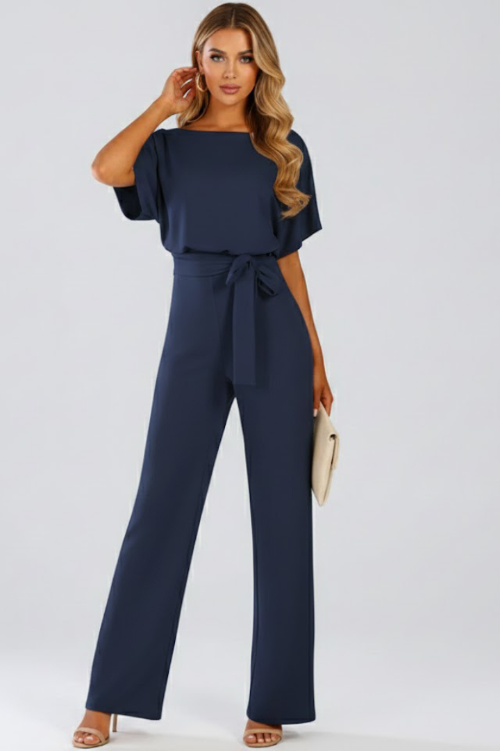 Oona | Women's Wide Leg Short Sleeve Jumpsuit with Belt - Beige - Image 8
