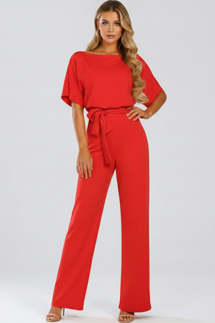 Oona | Women's Wide Leg Short Sleeve Jumpsuit with Belt - Beige - Image 9