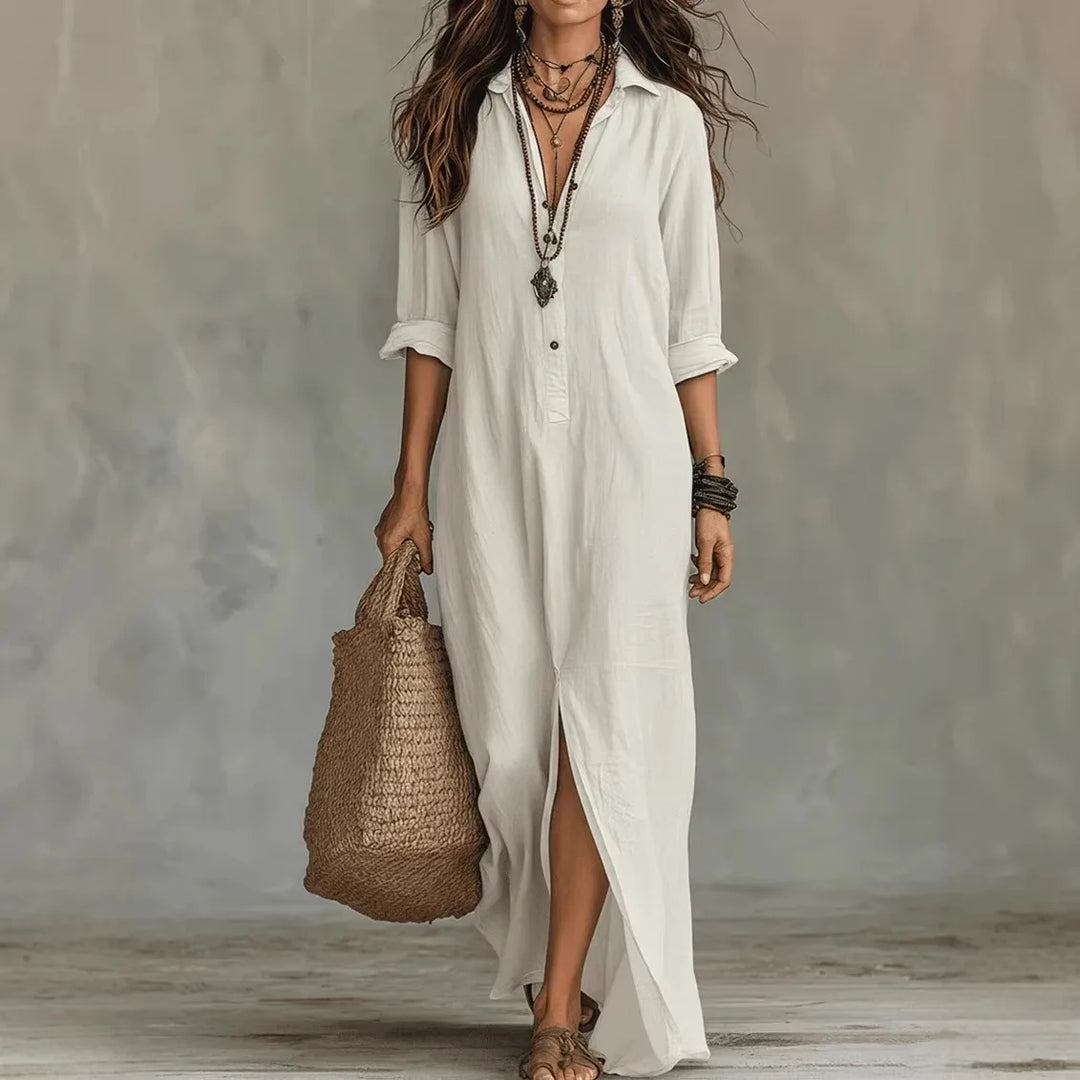 Ophelia | Women's Collared Long Sleeve Maxi Shirt Dress - White - Image 1