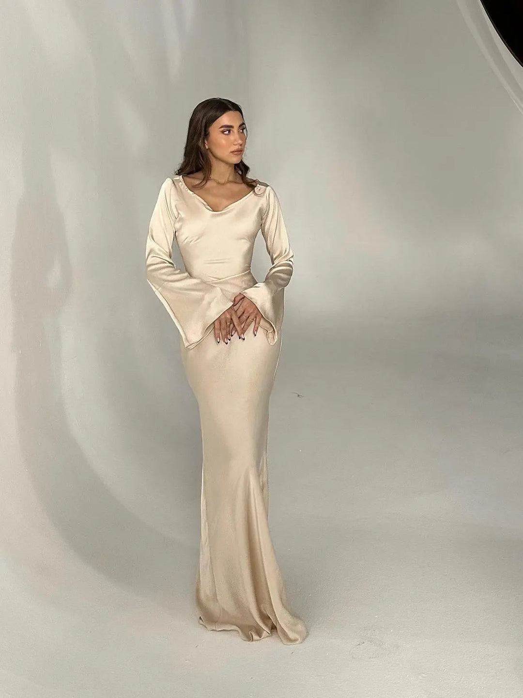 Ophelia | Women's Long Sleeve Fitted Maxi Dress - White - Image 17