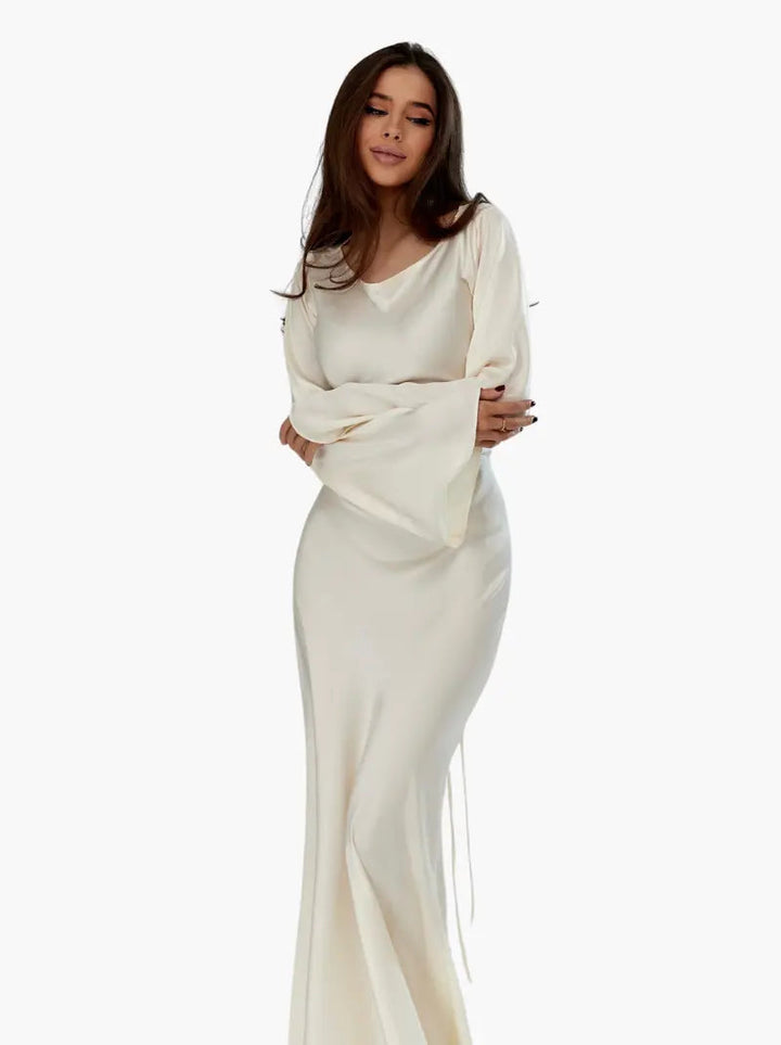 Ophelia | Women's Long Sleeve Fitted Maxi Dress - White - Image 23