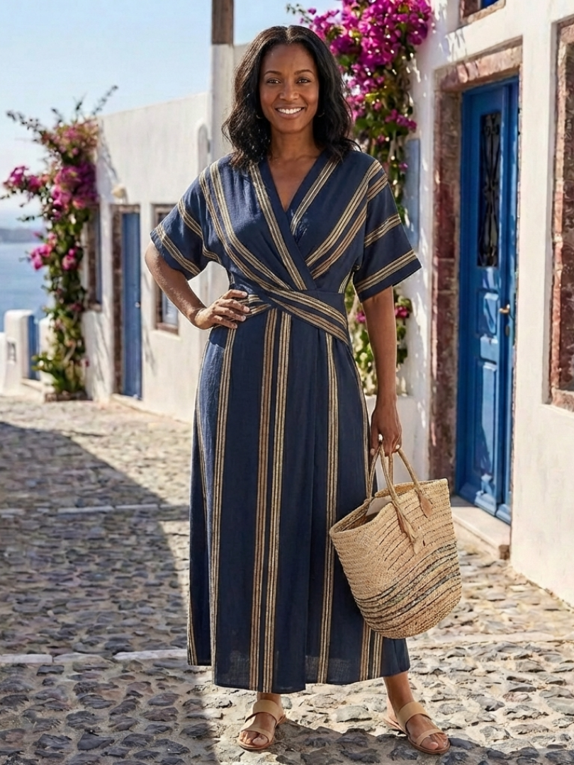 Ophelia | Women's V Neck Striped Wrap Midi Dress - Striped - Image 3
