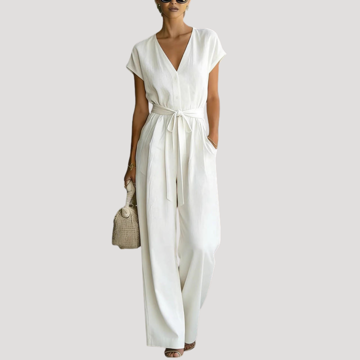 Ophelia | Women's V Neck Wide Leg Tie Waist Jumpsuit - White - Image 1