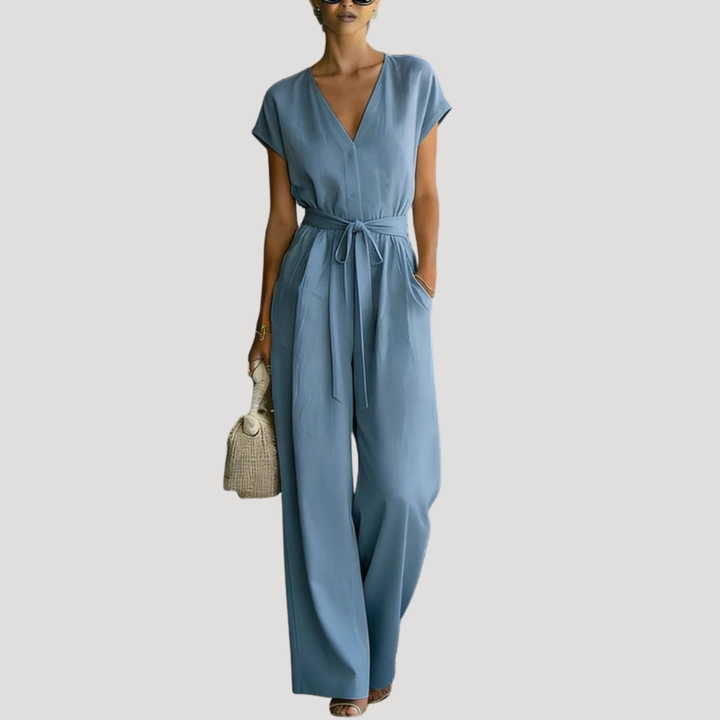 Ophelia | Women's V Neck Wide Leg Tie Waist Jumpsuit - White - Image 2