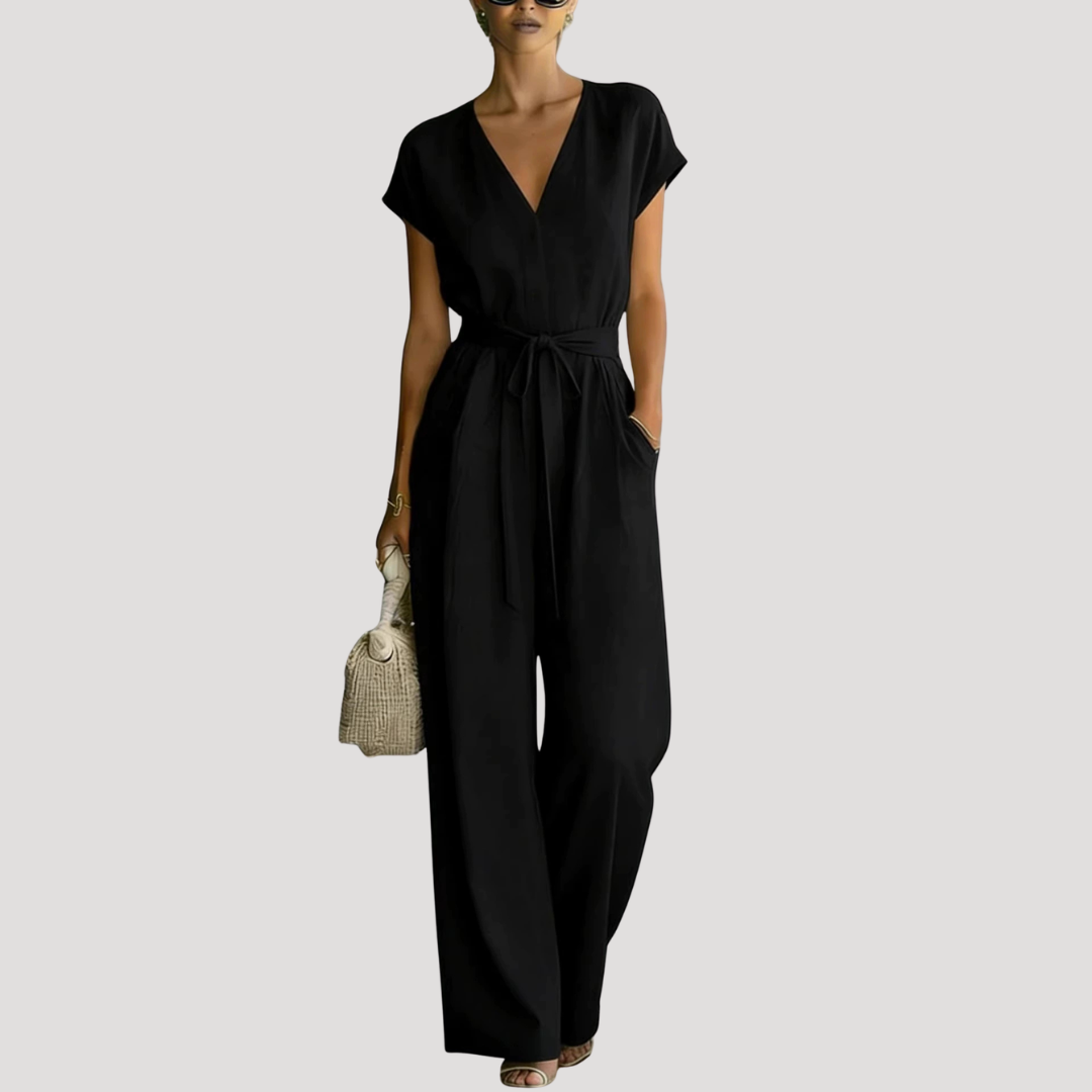 Ophelia | Women's V Neck Wide Leg Tie Waist Jumpsuit - White - Image 3