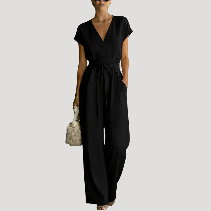 Ophelia | Women's V Neck Wide Leg Tie Waist Jumpsuit - White - Image 3