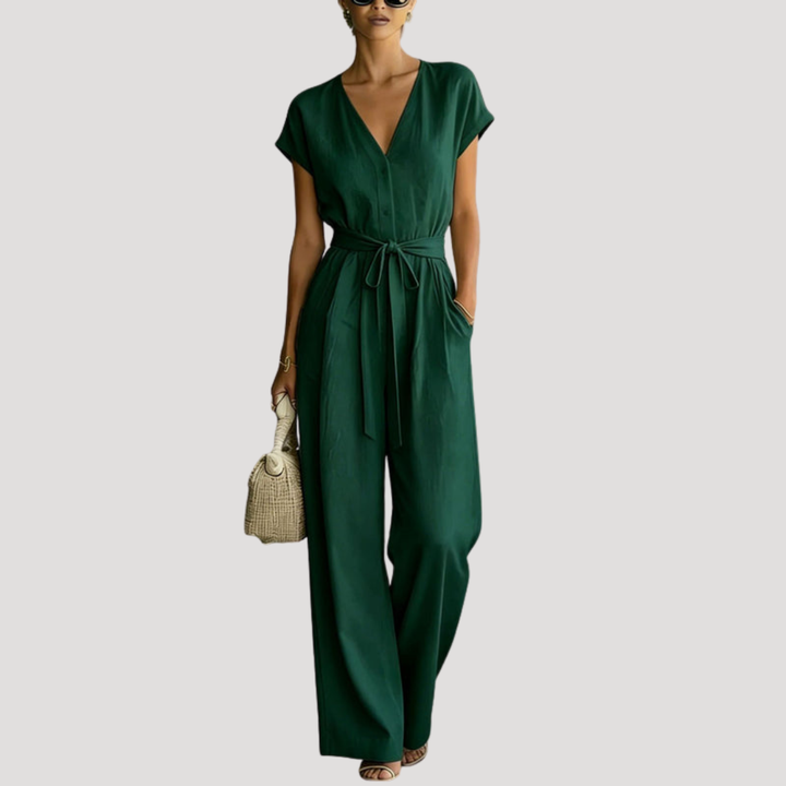 Ophelia | Women's V Neck Wide Leg Tie Waist Jumpsuit - White - Image 4