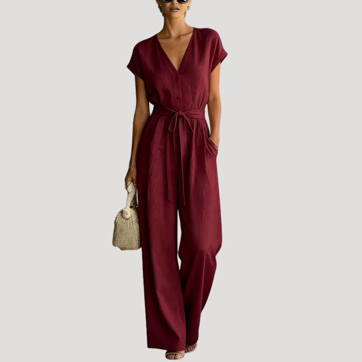 Ophelia | Women's V Neck Wide Leg Tie Waist Jumpsuit - White - Image 5