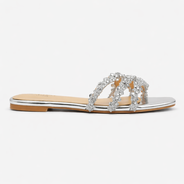 Ophira | Women's Crystal Embellished Flat Sandals - Silver - Image 4