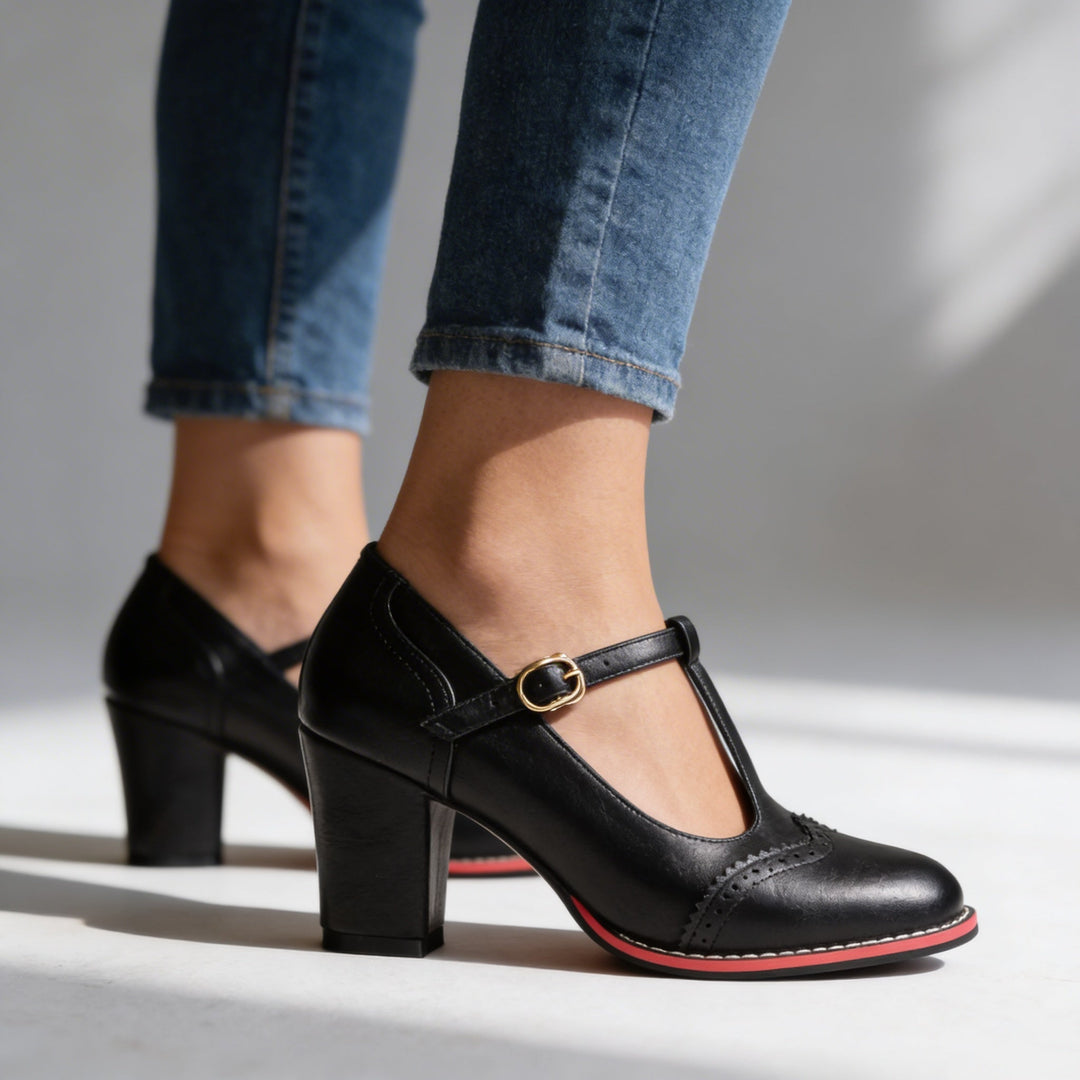 Ottavia | Women's T-Strap Brogue Block Heel Mary Jane - Black - Image 7