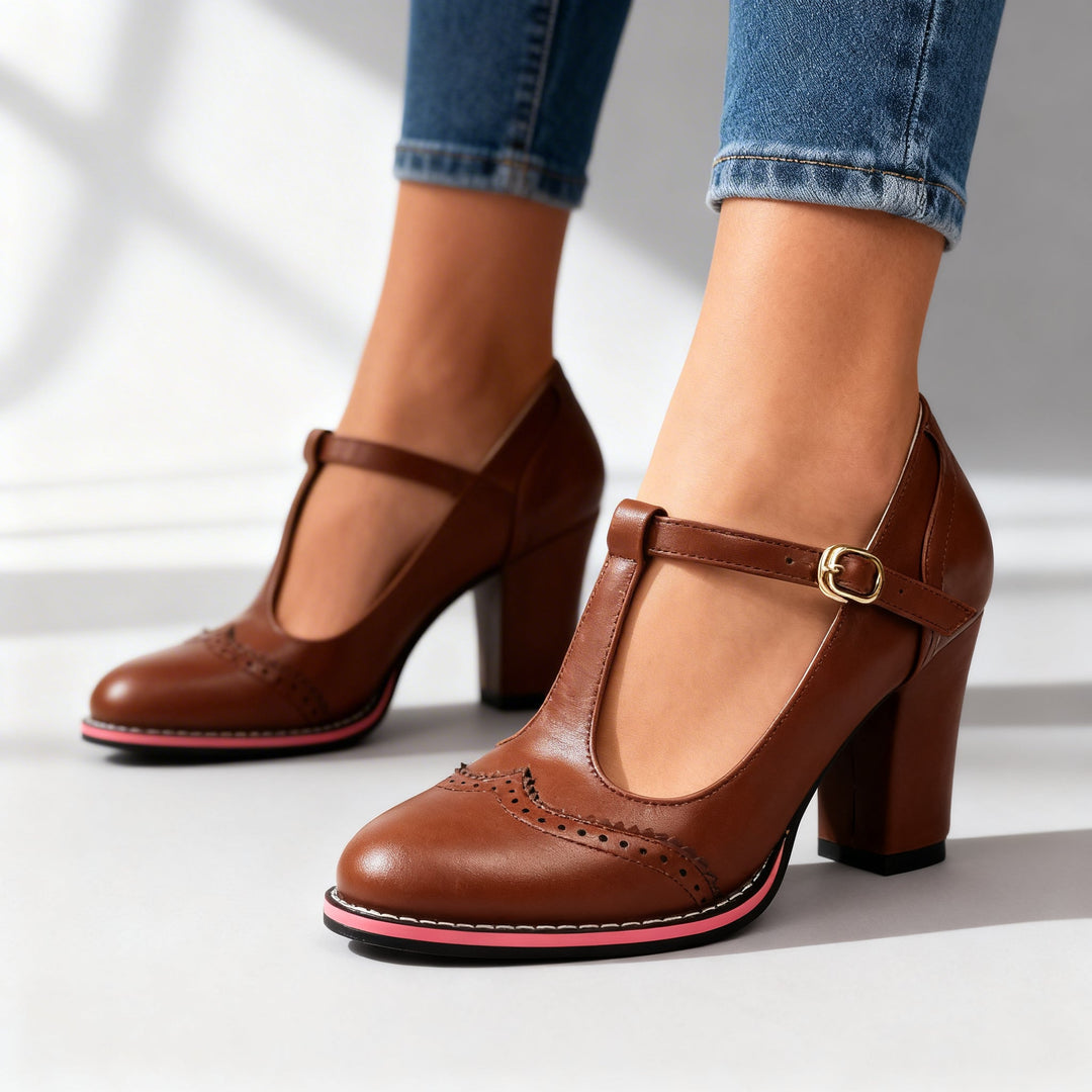 Ottavia | Women's T-Strap Brogue Block Heel Mary Jane - Black - Image 8