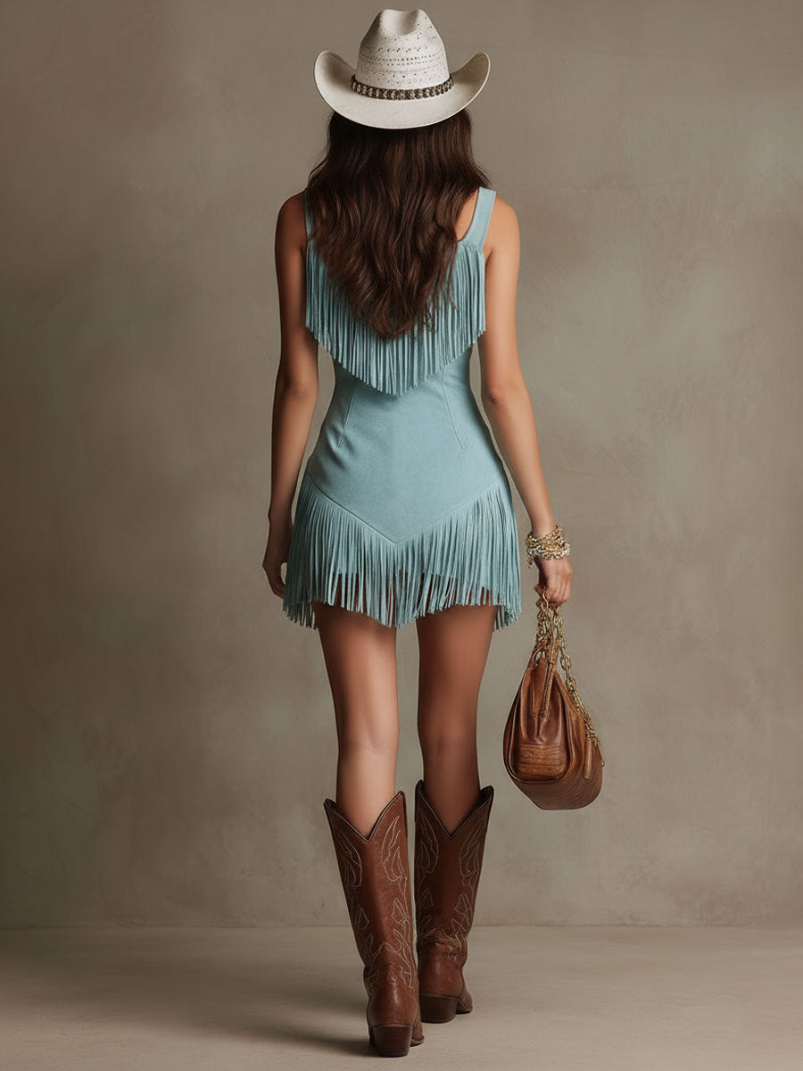 Paloma | Women's Sleeveless Fringe Mini Dress - Light Blue - Image 5
