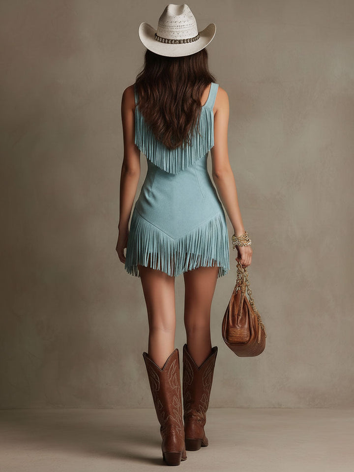 Paloma | Women's Sleeveless Fringe Mini Dress - Light Blue - Image 5
