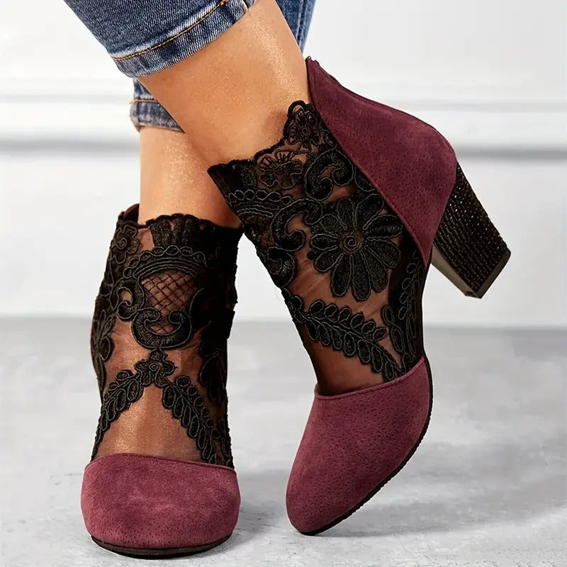 Pemba | Women's Floral Lace Block Heel Ankle Boot - Burgundy - Image 2