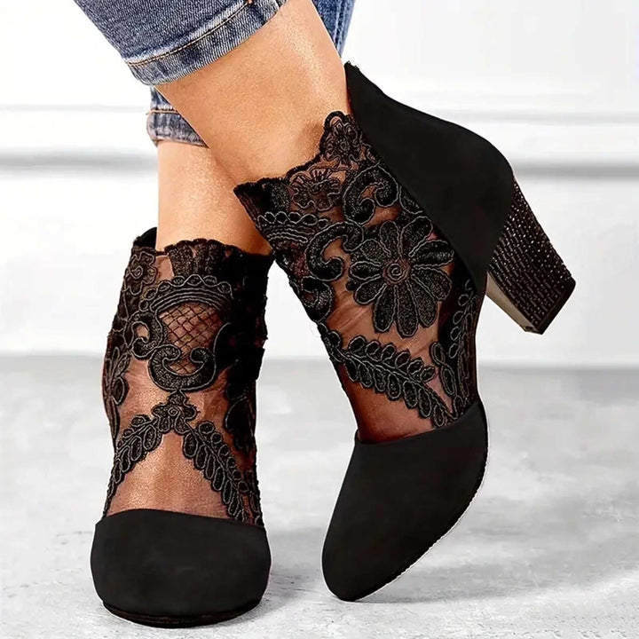 Pemba | Women's Floral Lace Block Heel Ankle Boot - Burgundy - Image 4