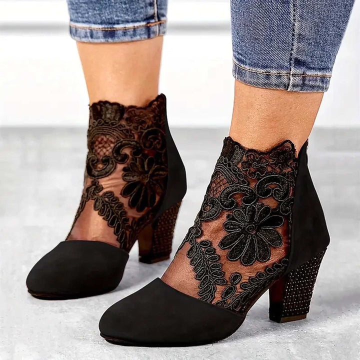 Pemba | Women's Floral Lace Block Heel Ankle Boot - Burgundy - Image 5